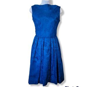 Vintage 50s blue silk floral damask fit n flare dress